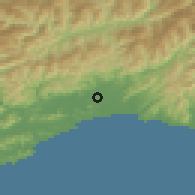 Shaded relief of the 55 km around Nankoku, drawn from the GMTED2010 grid