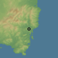 Shaded relief of the 56 km around Nichinan, drawn from the GMTED2010 grid
