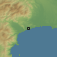 Shaded relief of the 55 km around Ninomiya, drawn from the GMTED2010 grid