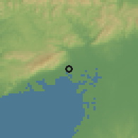 Shaded relief of the 55 km around Nishinomiya, drawn from the GMTED2010 grid