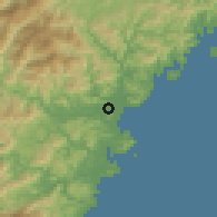 Shaded relief of the 56 km around Nobeoka, drawn from the GMTED2010 grid