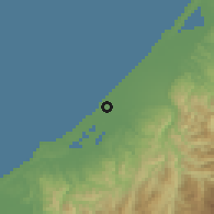 Shaded relief of the 54 km around Nomi, drawn from the GMTED2010 grid