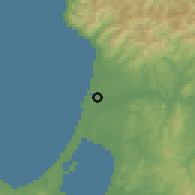 Shaded relief of the 53 km around Noshiro, drawn from the GMTED2010 grid