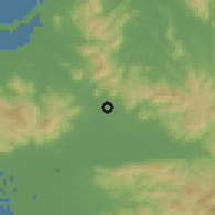 Shaded relief of the 55 km around Chikuzen, drawn from the GMTED2010 grid