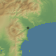 Shaded relief of the 55 km around Odawara, drawn from the GMTED2010 grid