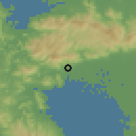 Shaded relief of the 55 km around Ogi, drawn from the GMTED2010 grid