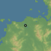 Shaded relief of the 55 km around Onga, drawn from the GMTED2010 grid