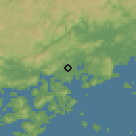 Shaded relief of the 55 km around Onomichi, drawn from the GMTED2010 grid