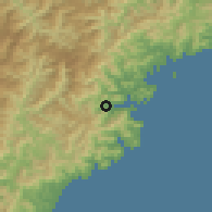 Shaded relief of the 55 km around Owase, drawn from the GMTED2010 grid