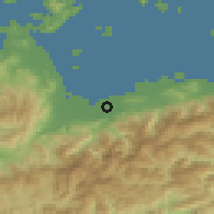 Shaded relief of the 55 km around Saijō, drawn from the GMTED2010 grid
