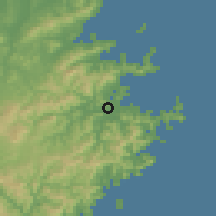 Shaded relief of the 55 km around Saiki, drawn from the GMTED2010 grid