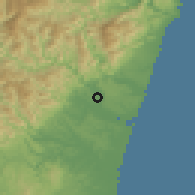 Shaded relief of the 56 km around Saito, drawn from the GMTED2010 grid
