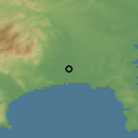 Shaded relief of the 55 km around Samukawa, drawn from the GMTED2010 grid
