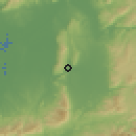 Shaded relief of the 55 km around Sango, drawn from the GMTED2010 grid
