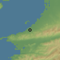 Shaded relief of the 55 km around Sennan, drawn from the GMTED2010 grid