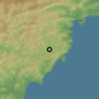 Shaded relief of the 55 km around Shimanto, drawn from the GMTED2010 grid