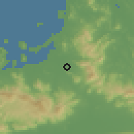 Shaded relief of the 55 km around Shime, drawn from the GMTED2010 grid