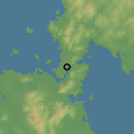 Shaded relief of the 55 km around Shimonoseki, drawn from the GMTED2010 grid