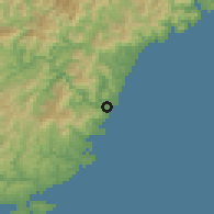 Shaded relief of the 55 km around Shingu, drawn from the GMTED2010 grid