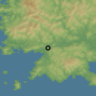 Shaded relief of the 56 km around Sukumo, drawn from the GMTED2010 grid