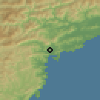 Shaded relief of the 55 km around Susaki, drawn from the GMTED2010 grid