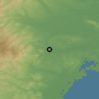 Shaded relief of the 54 km around Taiwa, drawn from the GMTED2010 grid