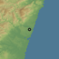Shaded relief of the 56 km around Takanabe, drawn from the GMTED2010 grid