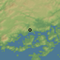 Shaded relief of the 55 km around Takehara, drawn from the GMTED2010 grid