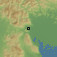 Shaded relief of the 55 km around Tarui, drawn from the GMTED2010 grid