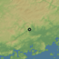 Shaded relief of the 55 km around Fuchū, drawn from the GMTED2010 grid