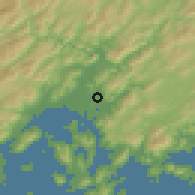 Shaded relief of the 55 km around Fuchū, drawn from the GMTED2010 grid