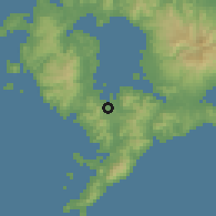 Shaded relief of the 56 km around Togitsu, drawn from the GMTED2010 grid