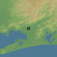 Shaded relief of the 55 km around Toyokawa, drawn from the GMTED2010 grid