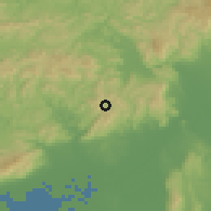 Shaded relief of the 55 km around Toyono, drawn from the GMTED2010 grid