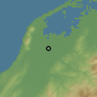 Shaded relief of the 54 km around Tsubame, drawn from the GMTED2010 grid
