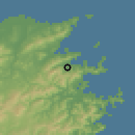 Shaded relief of the 55 km around Tsukumi, drawn from the GMTED2010 grid