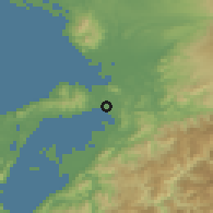 Shaded relief of the 56 km around Uki, drawn from the GMTED2010 grid