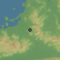 Shaded relief of the 55 km around Umi, drawn from the GMTED2010 grid