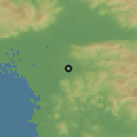 Shaded relief of the 55 km around Yame, drawn from the GMTED2010 grid