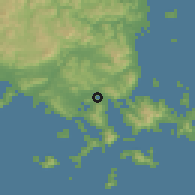Shaded relief of the 55 km around Yanai, drawn from the GMTED2010 grid