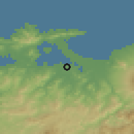 Shaded relief of the 55 km around Yasugi, drawn from the GMTED2010 grid