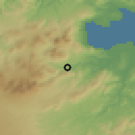 Shaded relief of the 55 km around Yufu, drawn from the GMTED2010 grid