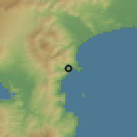 Shaded relief of the 55 km around Yugawara, drawn from the GMTED2010 grid