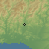 Shaded relief of the 55 km around Yumesaki, drawn from the GMTED2010 grid