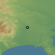 Shaded relief of the 55 km around Zama, drawn from the GMTED2010 grid