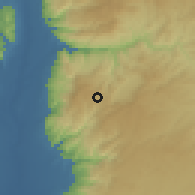 Shaded relief of the 56 km around al-Baq'ah, drawn from the GMTED2010 grid