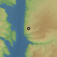 Shaded relief of the 56 km around H̱irbat al-Wahadināh, drawn from the GMTED2010 grid