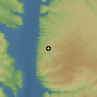 Shaded relief of the 56 km around Kāfr 'Awan, drawn from the GMTED2010 grid