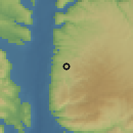 Shaded relief of the 56 km around Kāfr Rakib, drawn from the GMTED2010 grid