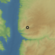 Shaded relief of the 56 km around Kufranjah, drawn from the GMTED2010 grid